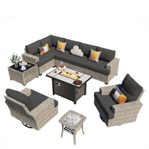 Torino 10-Piece Wicker Outdoor Patio Conversation Sofa Sectional Chairs Set with Metal Fire Pit and Black Cushions