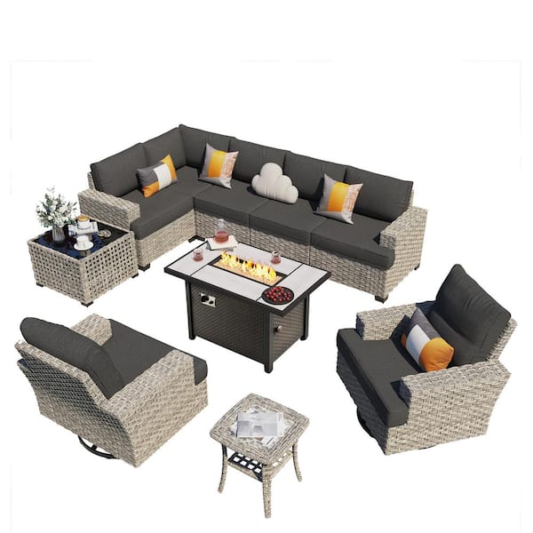 Torino 10-Piece Wicker Outdoor Patio Conversation Sofa Sectional Chairs Set with Metal Fire Pit and Black Cushions