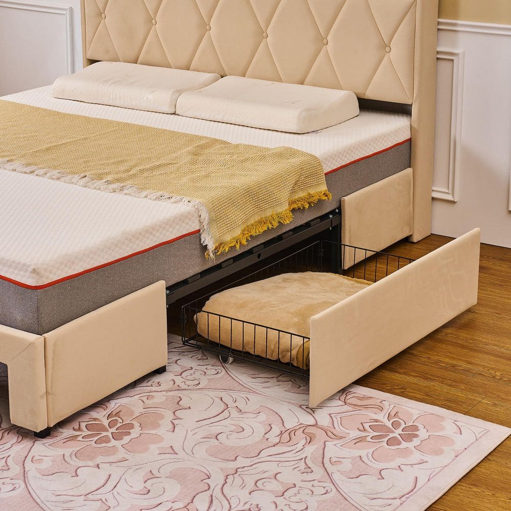 Storage Bed Beige Metal Frame Queen Platform Bed with Power Station, USB Ports and Storage Shelf Headboard, Drawers - thumbnail 6