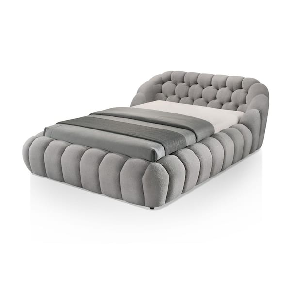 Tera Gray Wood Frame Fully Upholstered Queen Platform Bed with Tufted Headboard