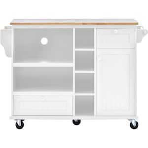 White Kitchen Island Cart With Microwave Storage Cabinet, Solid wood top, 2-Locking Wheels, Buffet Server Sideboard
