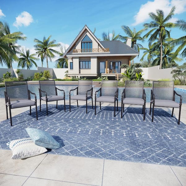 PHI VILLA Black Metal Stylish Gourd Design Patio Outdoor Dining Chair with Gray Cushions (6-Pack)