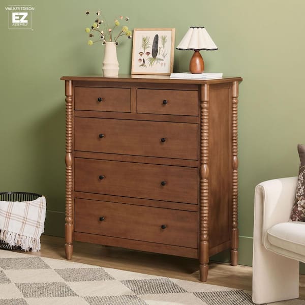 Walker Edison Furniture Company Modern Farmhouse Easy Assembly Dark Brown 5-Drawer 41.5 in. Solid Wood Spindle-Detailing Dresser