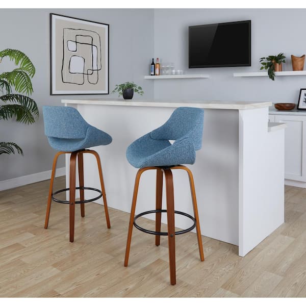 Fabrico 29.5 in. Blue Noise Fabric, Walnut Wood, and Black Metal Fixed-Height Bar Stool (Set of 2)