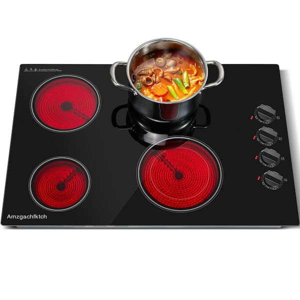 30 in. 4 Elements Radiant Electric Cooktop in Black with Knob Control, 6700W, 220-240V Hard Wire(No Plug)