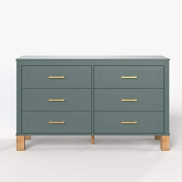 6 Drawer Double Dresser for Bedroom 47.2" W Chest of Drawers with Metal Handles & Solid Wood Legs Wood TV Stand in Blue