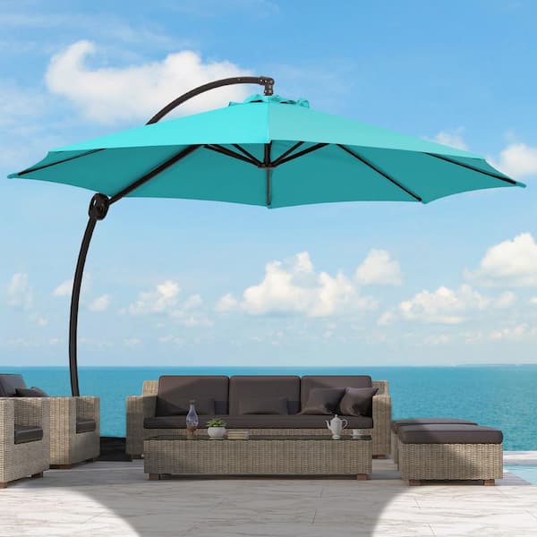 JEAREY 11 ft. Aluminum Cantilever Offset Hanging Patio Umbrella with Sandbag Base and Cover in Peacock Blue