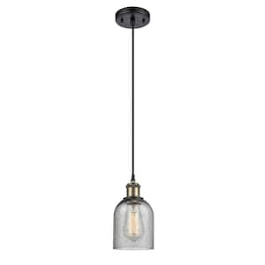 Caledonia 1-Light Black Antique Brass Shaded Pendant Light with Charcoal Glass Shade