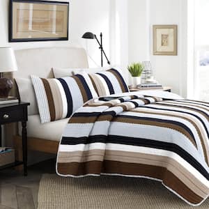 Sophisticated Stripe 2-Piece Navy Blue Brown Beige Tartan Plaid Cotton Twin Quilt Bedding Set