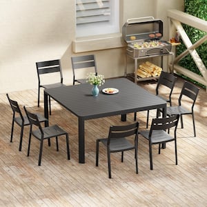 Black 9-Piece Aluminum Outdoor Dining Set with 58.6 in. Extension and Stackable Chair