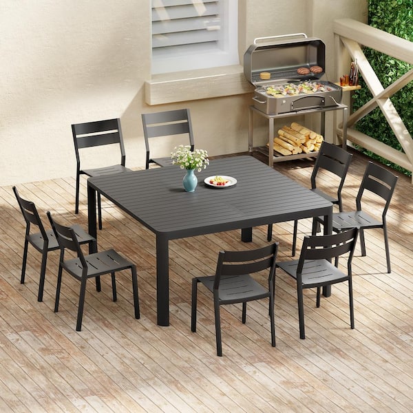 Crestlive Products Black 9-Piece Aluminum Outdoor Dining Set with 58.6 in. Extension and Stackable Chair