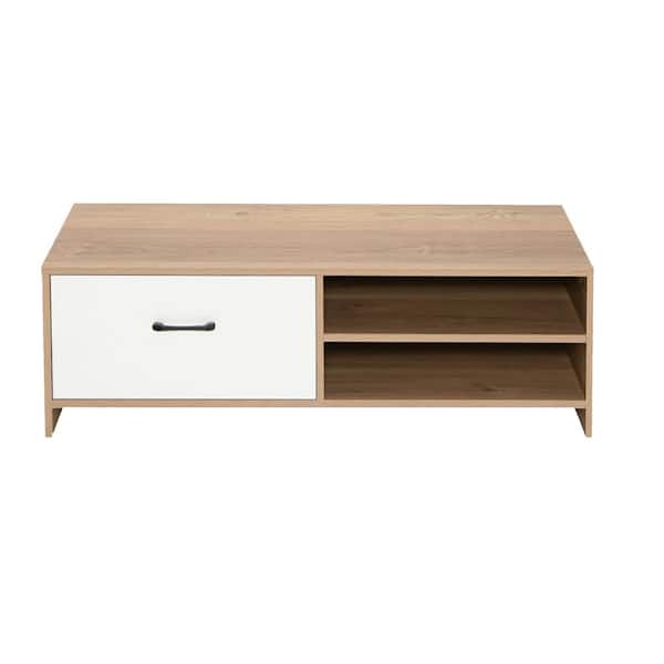 Costway White and Natural Mid-Century TV Stand Fits Up To 55 in. Media Entertainment Center Console with Drawer and Open Shelf
