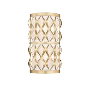 Harden 8 in. Modern Gold 2-Light Wall Sconce with White Fabric Shade with No Bulbs Included (1-Pack)