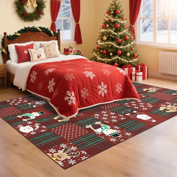Red 9 ft. x 12 ft. Christmas Patchwork Santa Claus Reindeer Print