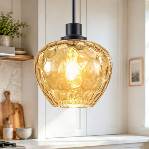 RayHome 1-Light Modern Black Adjustable Height Pendant Light with Amber Apple-Shaped Hammered Glass for Kitchen Island
