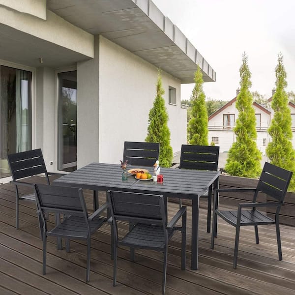 Zeus & Ruta 7-Piece Black Aluminum Outdoor Patio Dining Set with 6-Dining Chairs for Garden