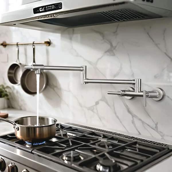 Wall Mounted Folding Pot Filler 3-Handles Kitchen Faucet with 360° Spout Swivel in Brushed Nickel