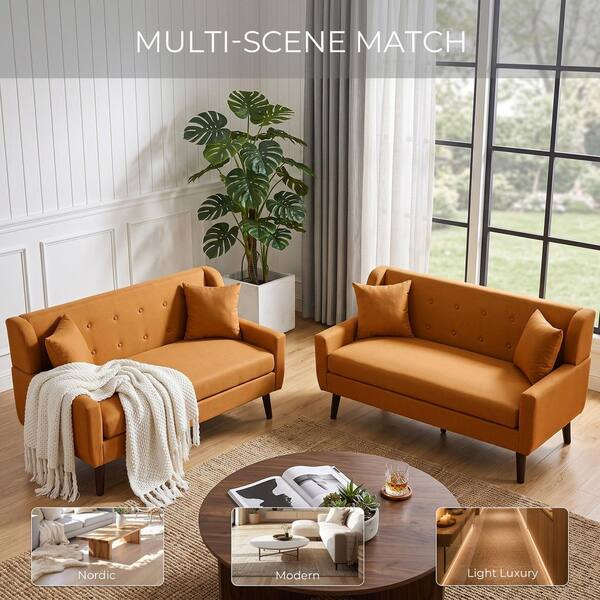 Uixe 62.98 in. Straight Arm Linen Rectangle Sofa in Orange (Set of 2)