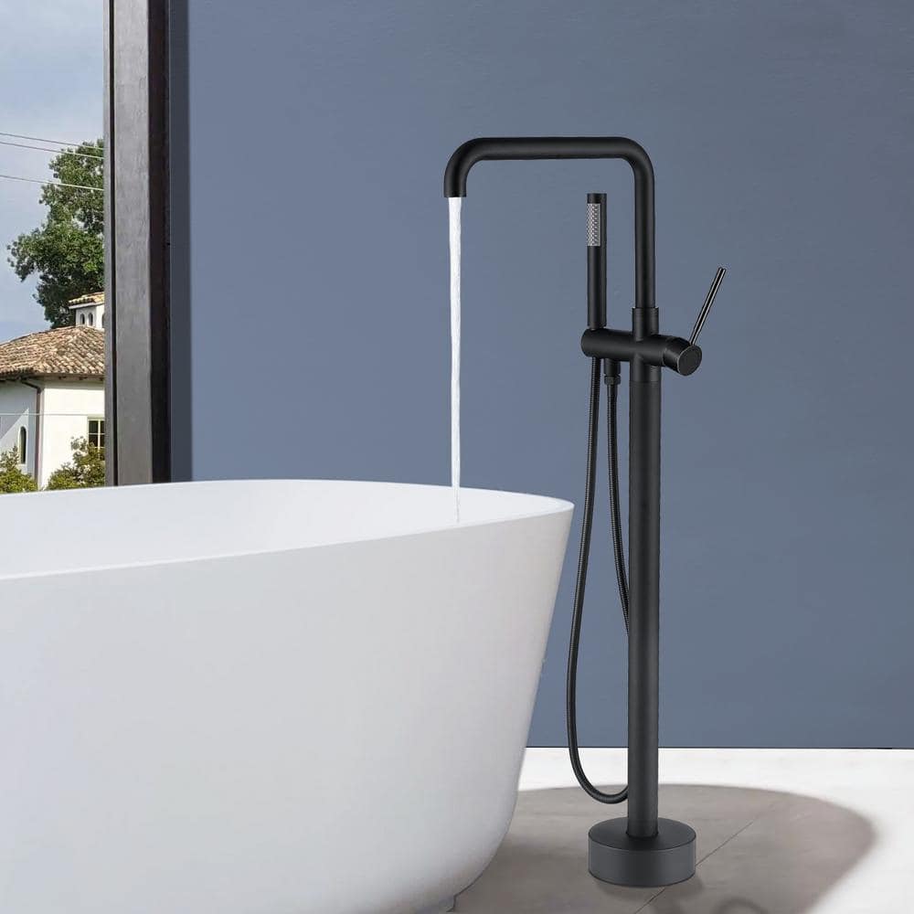 Matte Black Stainless Steel Freestanding Tub Filler with Hand Shower
