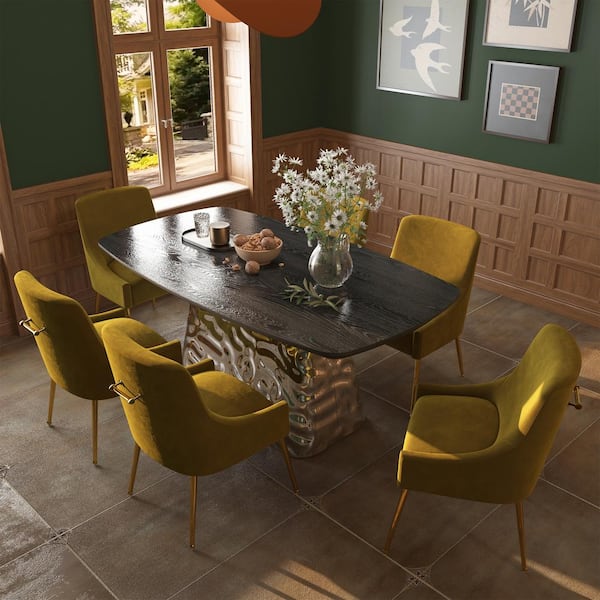 7-Piece Wooden Top Stainless Steel Water Ripple Dining Table Set with Green Velvet Dining Chair (Seats of 6)