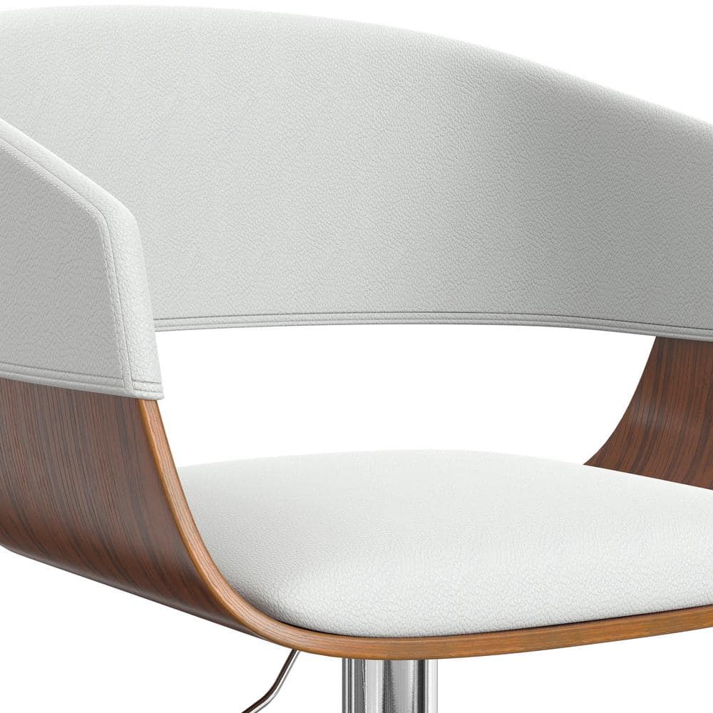 White Faux Leather Adjustable Swivel Bar Stool with Wood Accents
