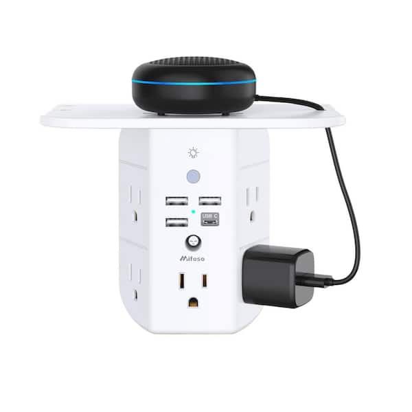 Ahfiwaso 5-Outlet Wall Outlet Extender Surge Protector with 3 USB Ports, Shelf and Night Light in White