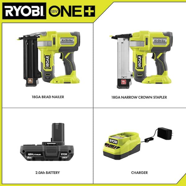 ONE+ 18V Cordless 18-Gauge Brad Nailer with 18-Gauge Narrow Crown Stapler, 2.0 Ah Battery, and Charger