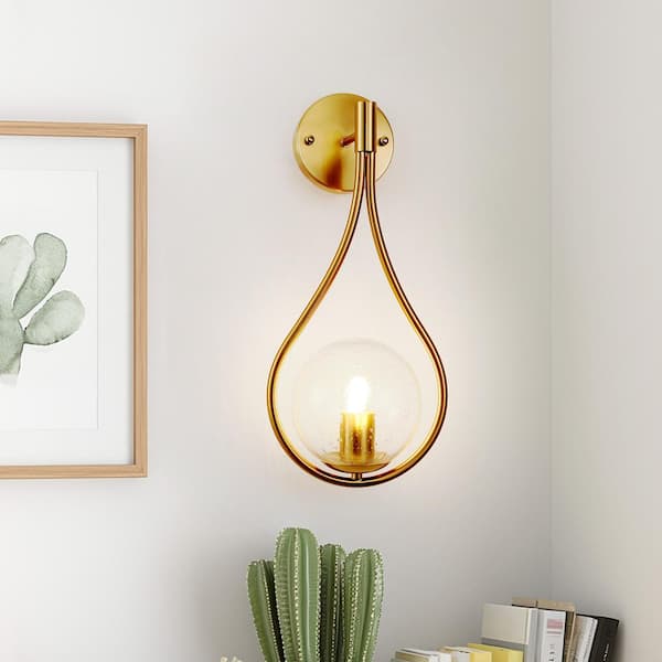 7.87 in. 1-Light Gold Wall Sconce Mid-Century Water Drop Design with Global Seeded Glass Shade for Bedroom Bedsides