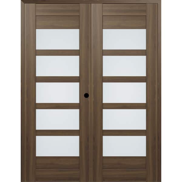 Belldinni Vona 07-07 72 in. x 80 in. Left Active 5-Lite Frosted Glass Pecan Nutwood Wood Composite Double Prehung Interior Door