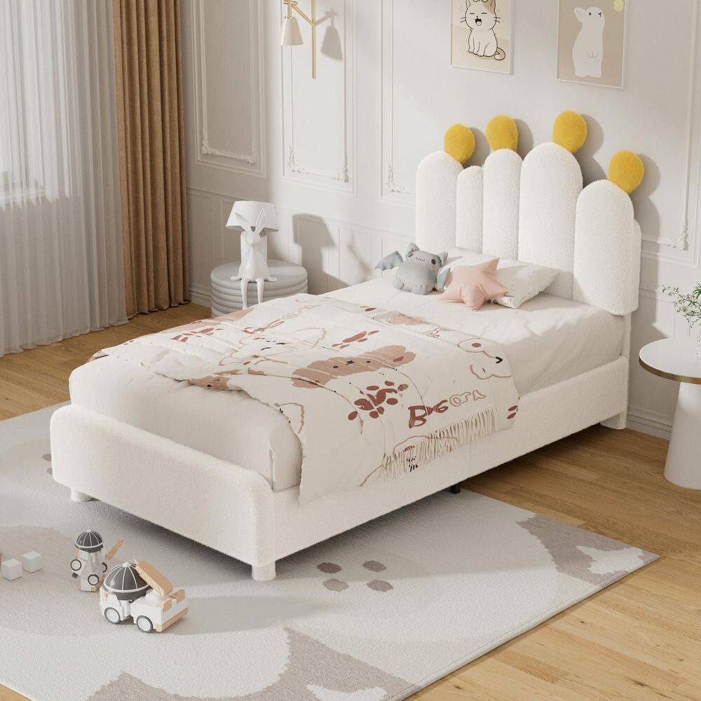 White Twin Size Boucle Bed Frame with Headboard Cactus Upholstered Platform Bed for Kids Soft Rounded Corners price history on PriceWatchPro