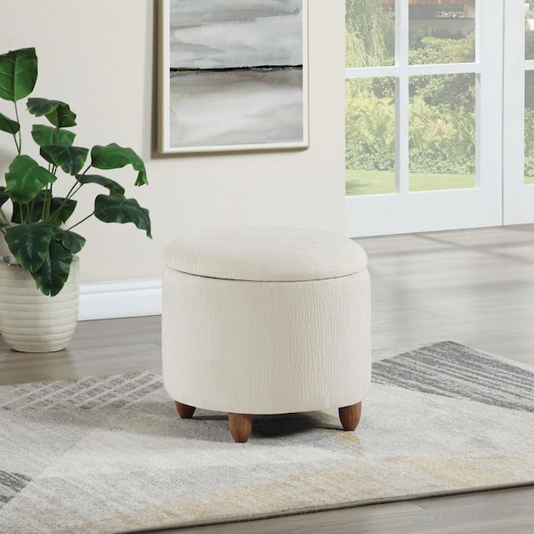 OSP Home Furnishings Lyra Storage Ottoman in Snow White Fabric with Medium Oak Legs