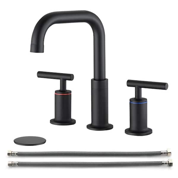 Dyiom 8 in. Widespread Double Handle Bathroom Faucet with Pop Up Drain in Matte Black