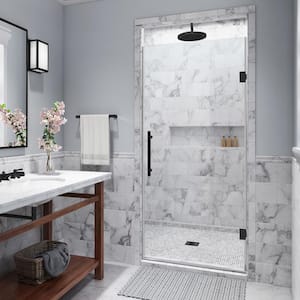 Kinkade 26.75 - 27.25 in. W x 72 in. H Frameless Hinged Shower Door with StarCast Clear Glass in Matte Black