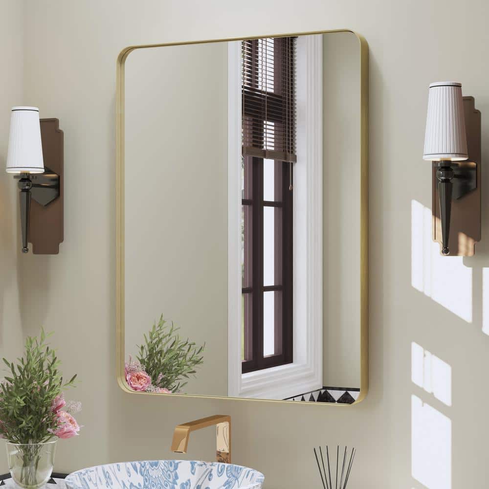 32 in. W x 24 in. H Rectangular Framed Wall Mounted Bathroom Vanity Mirror in Brushed Gold price history on PriceWatchPro