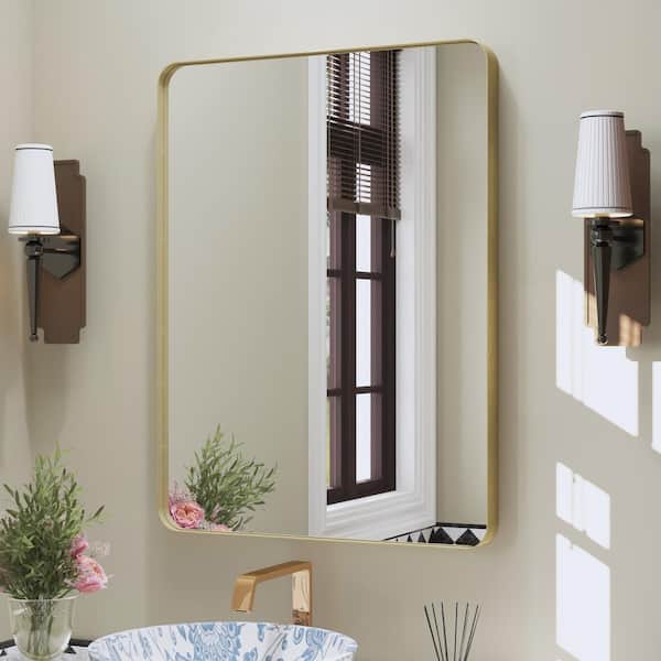 Klajowp 24 in. W x 32 in. H Rectangular Framed Wall Mounted Bathroom Vanity Mirror in Brushed Gold