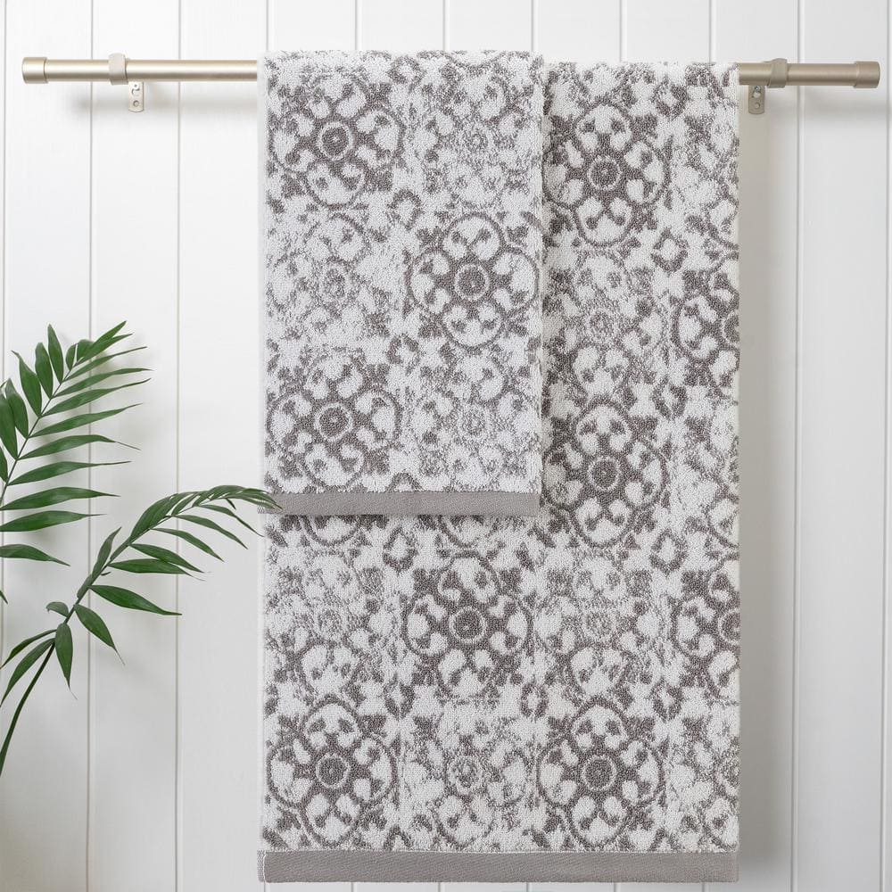 Aziza Gray and White Cotton Towel Set, 4 Pieces