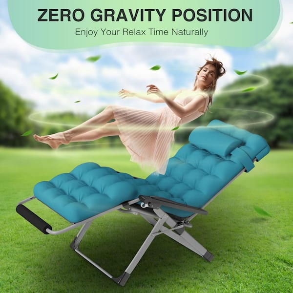 29 in.W Oversized Zero Gravity Chair Metal Outdoor Chaise Lounge with Light Blue Removable Cushion and Headrest