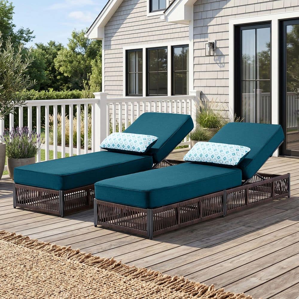 Facent 2-Piece Brown Wicker Outdoor Chaise Lounge Chair with Adjustable Backrest, 5 in. Peacock Blue Cushions and Pillow price history on PriceWatchPro