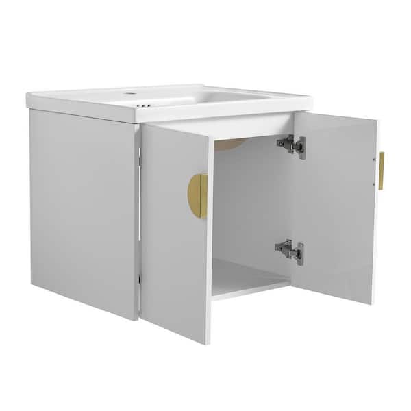 23.8 in. Wall Mounted Gloss White Bath Vanity with White Ceramic Top Unassembled