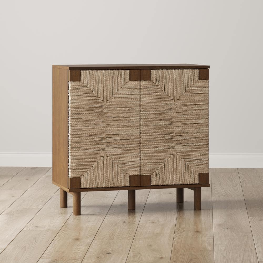 Dark Brown Solid Wood and Seagrass Accent Cabinet