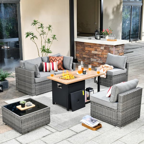 Toject Sanibel Gray 6-Piece Wicker Outdoor Patio Conversation Sofa Sectional Set with a Storage Fire Pit and Dark Gray Cushions