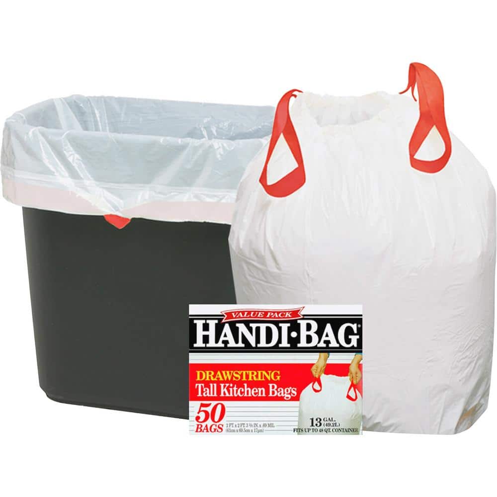 Handi-Bag Drawstring Kitchen Bags, 13 gal, 0.6 mil, 24 x 27.38, White, 50/Box