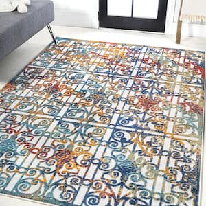 Cetara Ornate Cream/Blue/Orange 8 ft. x 10 ft. Trellis Indoor/Outdoor Area Rug