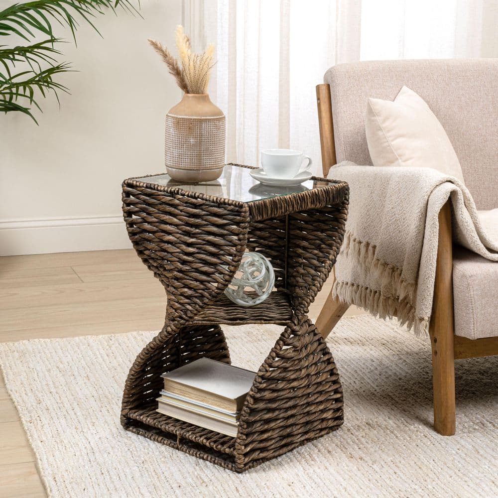 Suraya 14 in. Square Handwoven Water Hyacinth Sculptural Twisted End Table with Glass Top and Storage Shelf, Brown