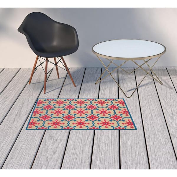 Blue, Beige 2 ft. x 3 ft. Loomed Oriental Polypropylene Rectangle Indoor/Outdoor Area Rug