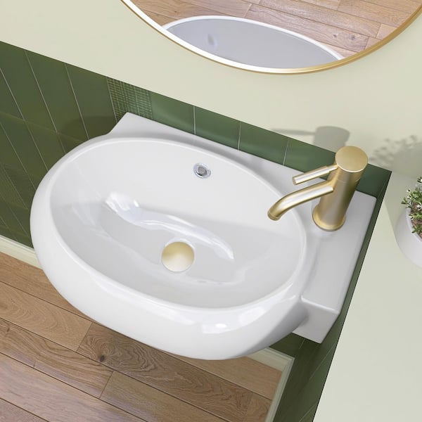 16.9 in. W x 11 in. D x 5.9 in.H Ceramic Oval Small White Wall-Mounted Bath Vessel Sink Single Bowl w/ Right Faucet Hole