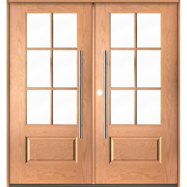 Krosswood Doors UINTAH Faux Pivot 72 in. x 80 in. 6Lite Right-Active/Inswing Clear Glass Teak Stain Double Fiberglass Prehung Front Door
