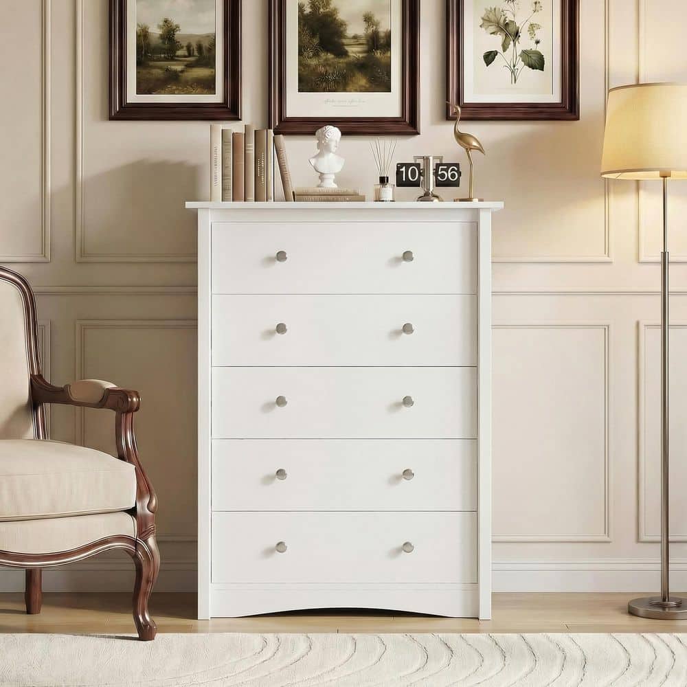 white five drawer dresser Alpine Furniture Madelyn Chest 2010-05 Grooved wooden panels are designed to stay in place so you can effortlessly snap them together and then move on with your day Gizoon 5 Drawer Dresser, White
