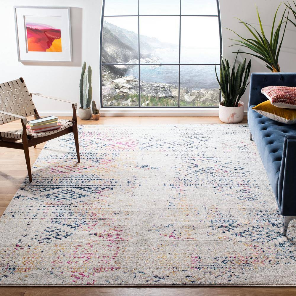Ivory and Blue Geometric Round Synthetic Area Rug, 6' x 9'