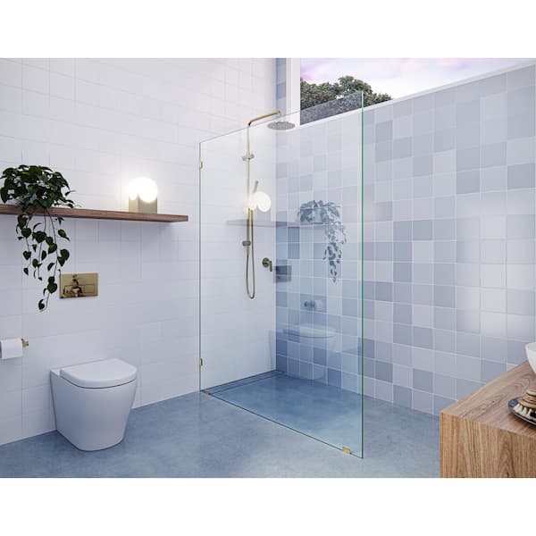 Glass Warehouse Vela 55 in. W x 78 in. H Frameless Fixed Single Panel Shower Door in Polished Brass Without Handle